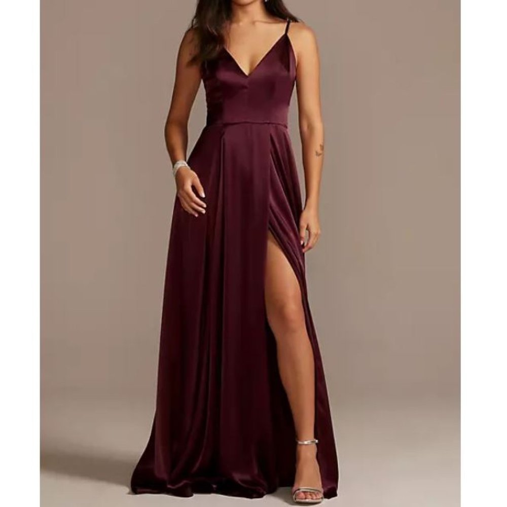 David's Bridal | Galina Collection | Charmeuse V-Neck Bridesmaid Dress in Wine